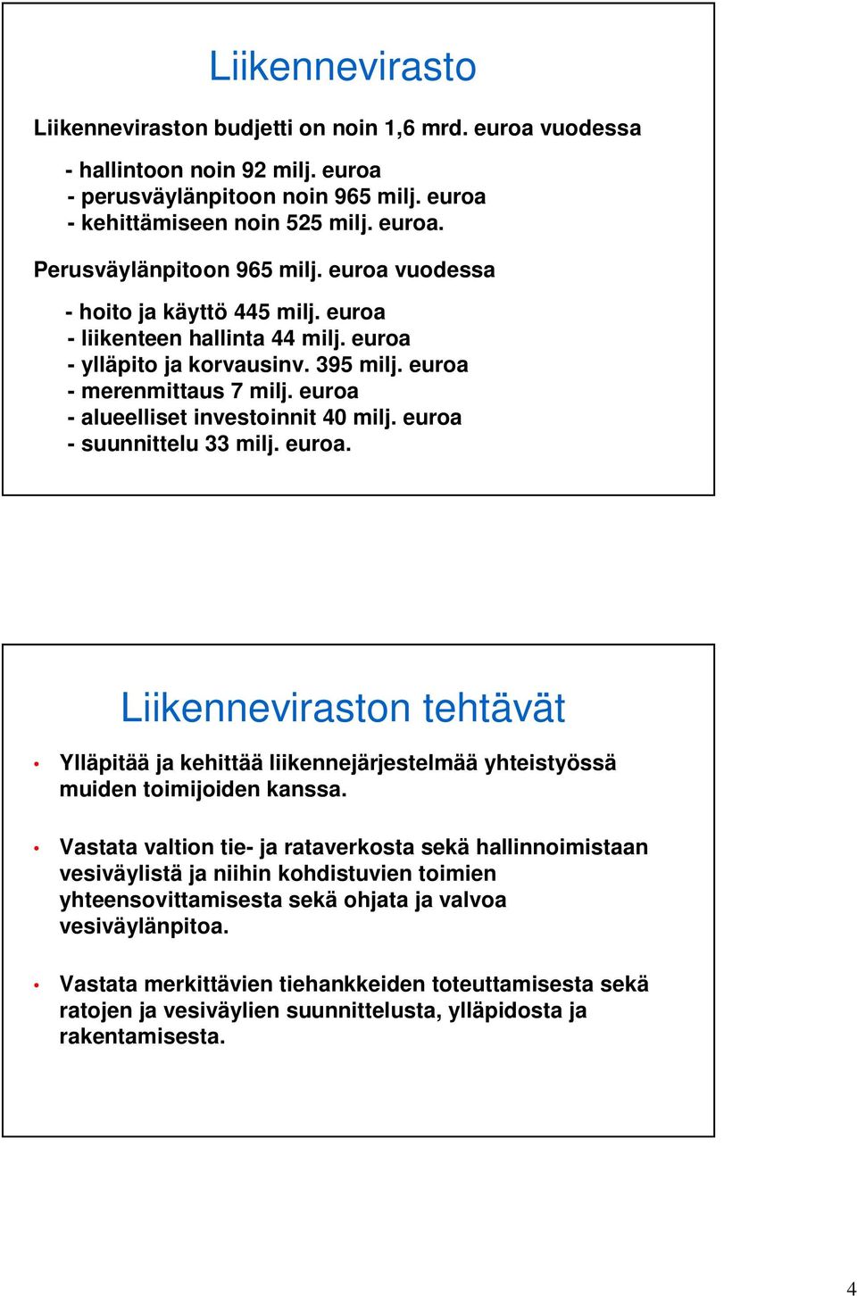 euroa - suunnittelu 33 milj. euroa. Liikenneviraston tehtävät Ylläpitää ja kehittää liikennejärjestelmää yhteistyössä muiden toimijoiden kanssa.