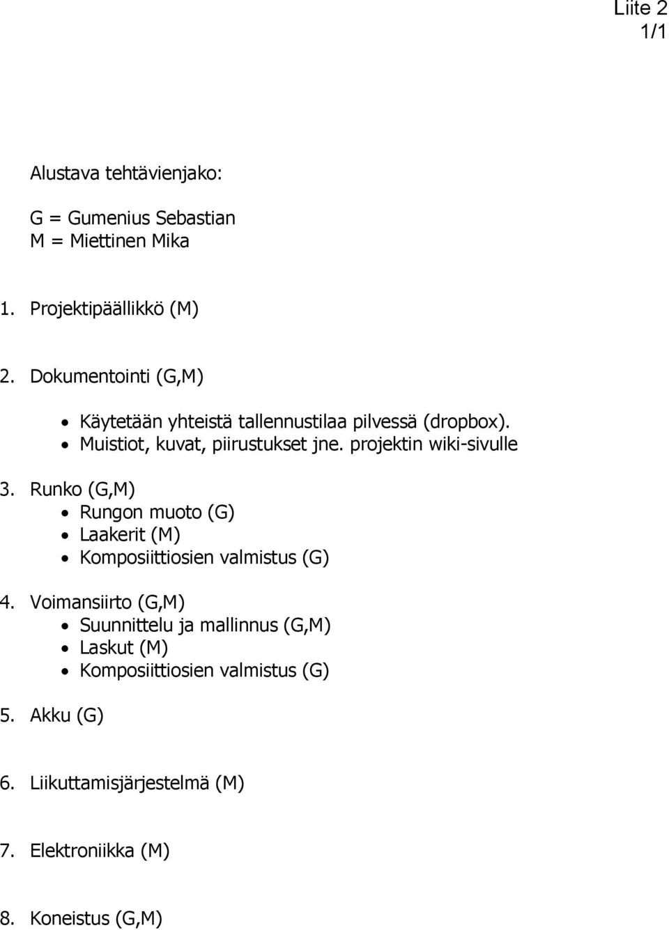 projektin wiki-sivulle 3. Runko (G,M) Rungon muoto (G) Laakerit (M) Komposiittiosien valmistus (G) 4.