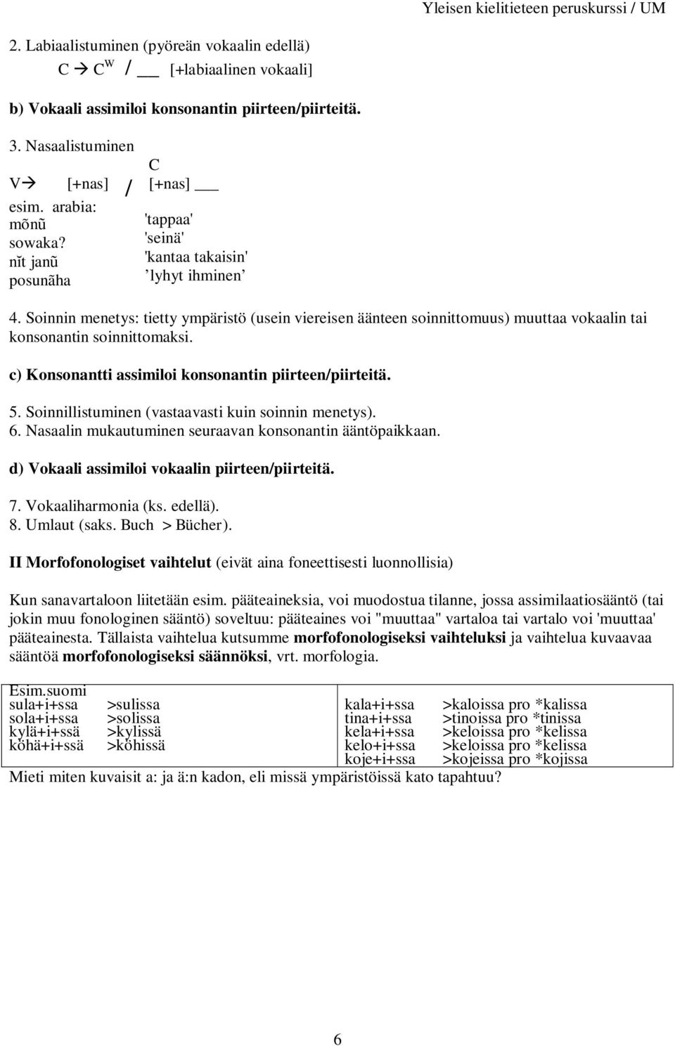 c) Konsonantti assimiloi konsonantin piirteen/piirteitä. 5. Soinnillistuminen (vastaavasti kuin soinnin menetys). 6. Nasaalin mukautuminen seuraavan konsonantin ääntöpaikkaan.