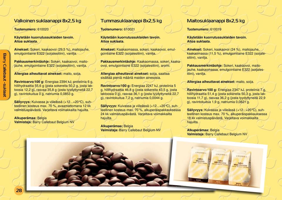 Ravintoarvo/100 g: Energiaa 2394 kj, proteiinia 6 g, hiilihydraattia 55,6 g (josta sokereita 50,2 g, josta laktoosia 12,2 g), rasvaa 35,8 g (josta tyydyttyneitä 22,7 g), ravintokuitua 0 g, natriumia