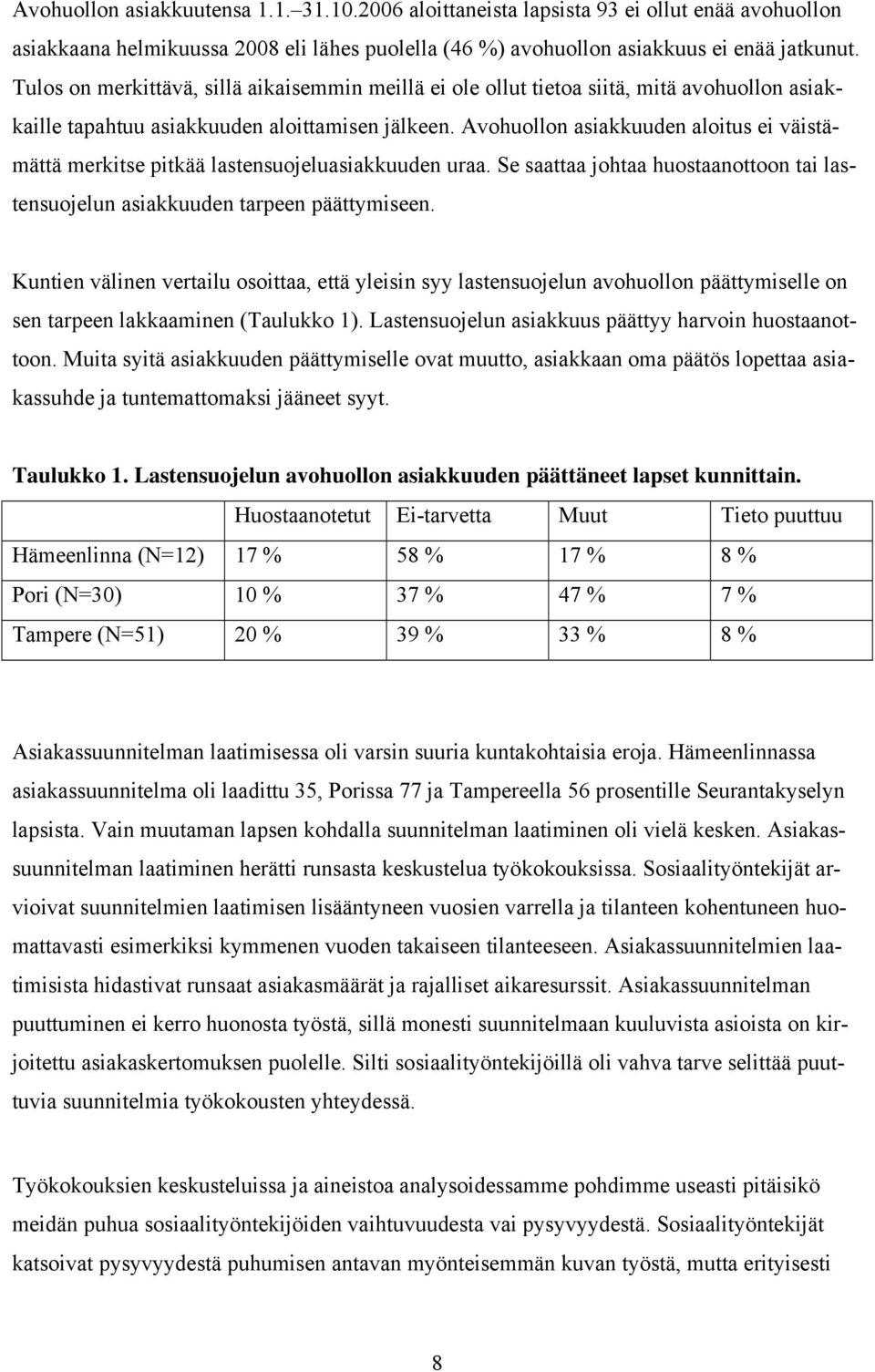 Avohuollon asiakkuuden aloitus ei väistämättä merkitse pitkää lastensuojeluasiakkuuden uraa. Se saattaa johtaa huostaanottoon tai lastensuojelun asiakkuuden tarpeen päättymiseen.