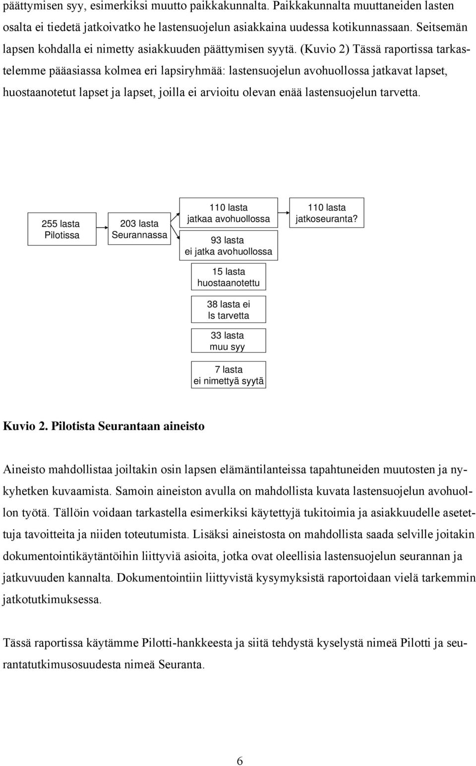 (Kuvio 2) Tässä raportissa tarkastelemme pääasiassa kolmea eri lapsiryhmää: lastensuojelun avohuollossa jatkavat lapset, huostaanotetut lapset ja lapset, joilla ei arvioitu olevan enää lastensuojelun