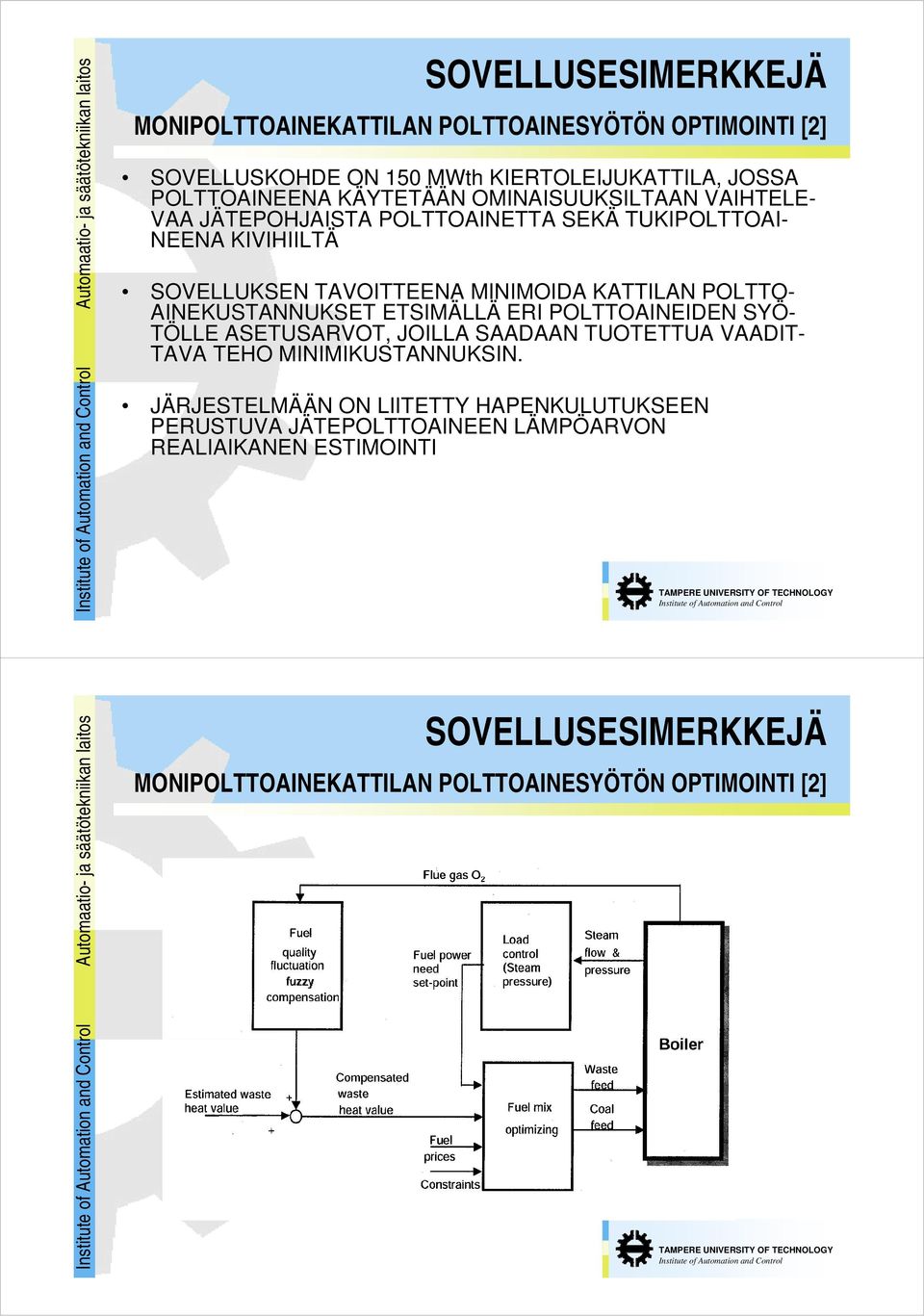 AINEKUSTANNUKSET ETSIMÄLLÄ ERI POLTTOAINEIDEN SYÖ- TÖLLE ASETUSARVOT, JOILLA SAADAAN TUOTETTUA VAADIT- TAVA TEHO MINIMIKUSTANNUKSIN.