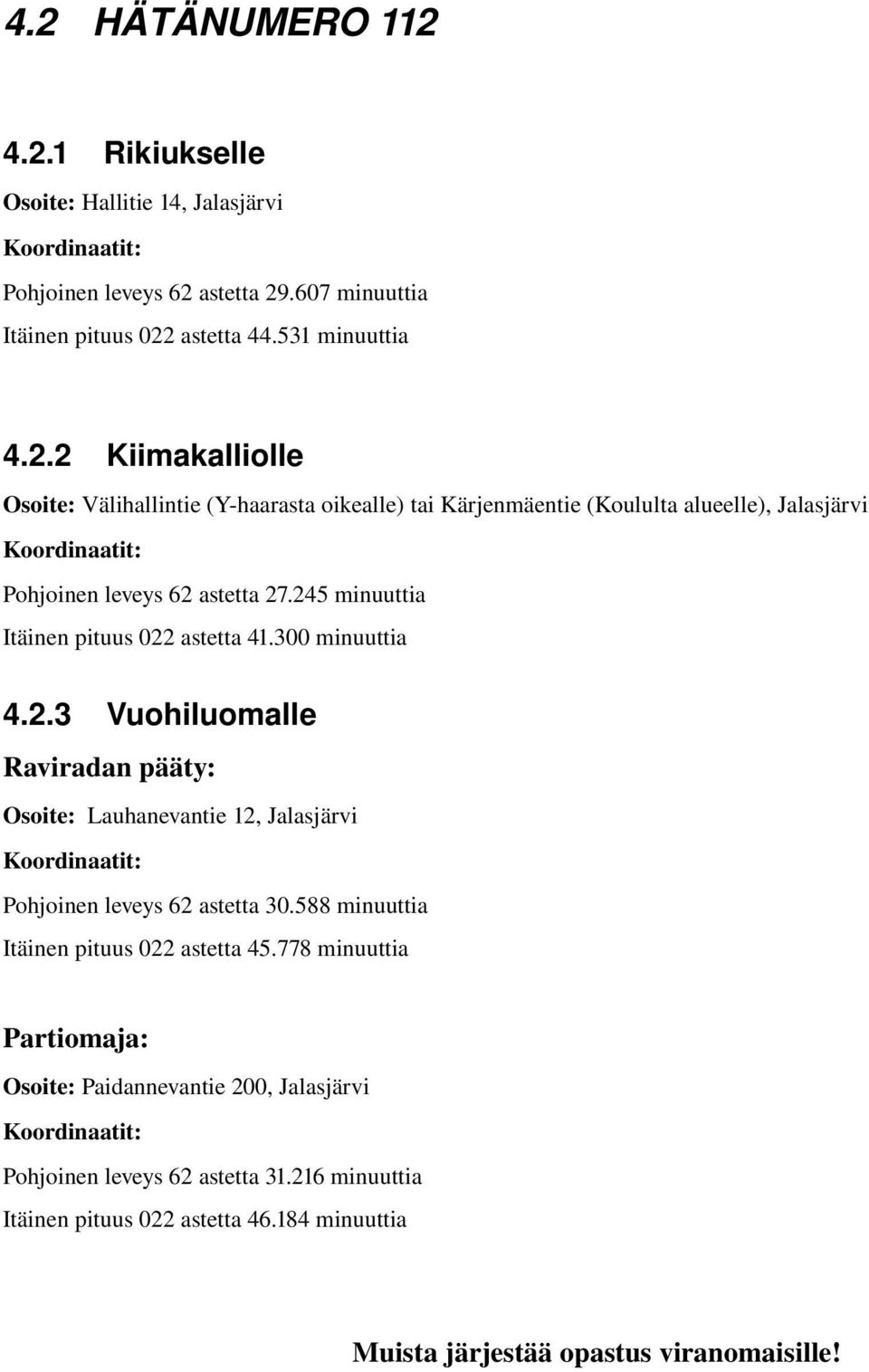 588 minuuttia Itäinen pituus 022 astetta 45.778 minuuttia Partiomaja: Osoite: Paidannevantie 200, Jalasjärvi Koordinaatit: Pohjoinen leveys 62 astetta 31.