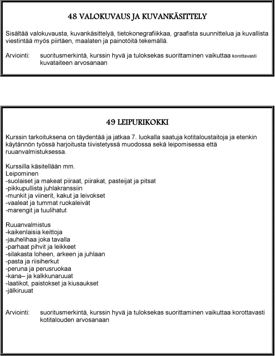 luokalla saatuja kotitaloustaitoja ja etenkin käytännön työssä harjoitusta tiivistetyssä muodossa sekä leipomisessa että ruuanvalmistuksessa. Kurssilla käsitellään mm.