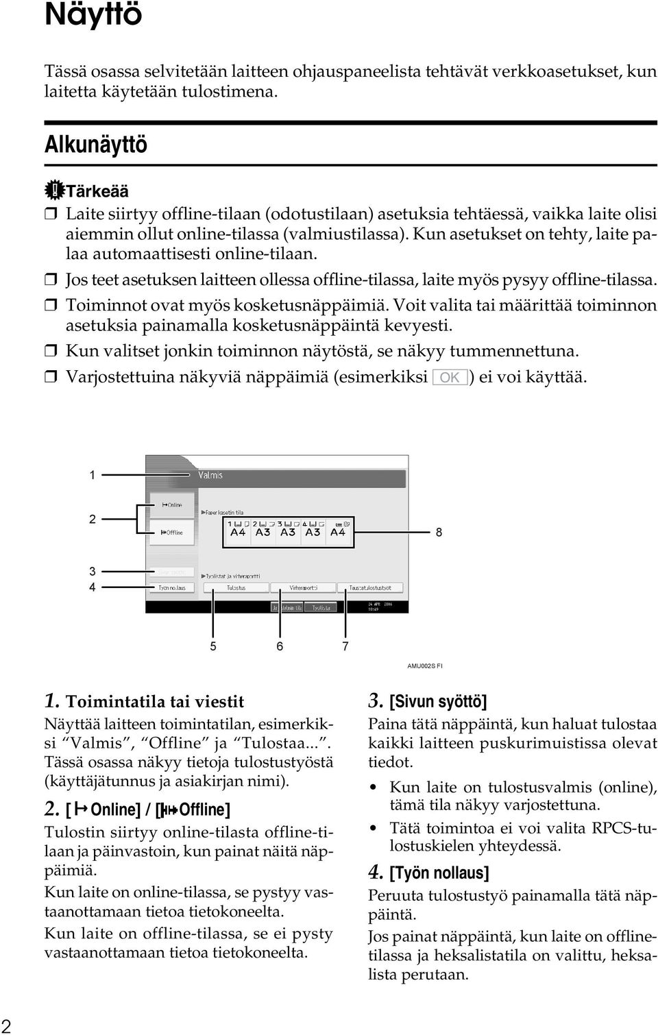 Kun asetukset on tehty, laite palaa automaattisesti online-tilaan. Jos teet asetuksen laitteen ollessa offline-tilassa, laite myös pysyy offline-tilassa. Toiminnot ovat myös kosketusnäppäimiä.