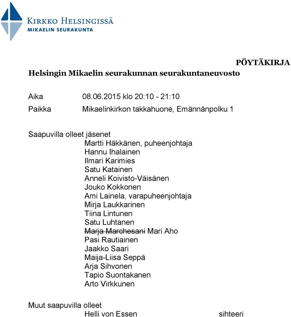 Ihalainen Ilmari Karimies Satu Katainen Anneli Koivisto-Väisänen Jouko Kokkonen Ami Lainela, varapuheenjohtaja Mirja Laukkarinen
