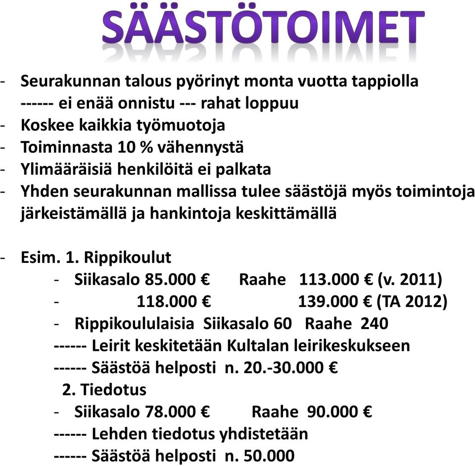 Rippikoulut - Siikasalo 85.000 Raahe 113.000 (v. 2011) - 118.000 139.