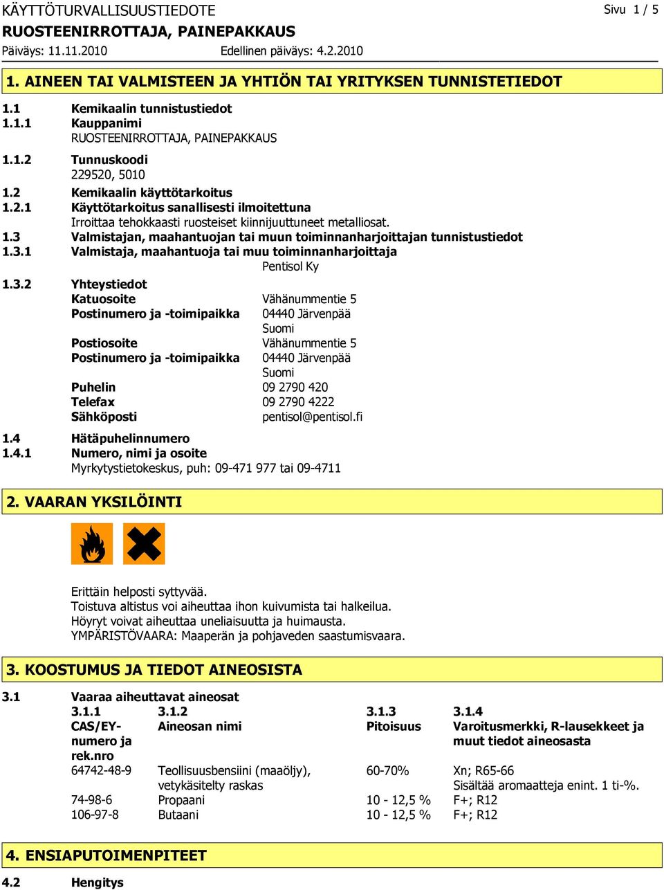 3.1 Valmistaja, maahantuoja tai muu toiminnanharjoittaja Pentisol Ky 1.3.2 Yhteystiedot Katuosoite Vähänummentie 5 Postinumero ja -toimipaikka 04440 Järvenpää Suomi Postiosoite Vähänummentie 5