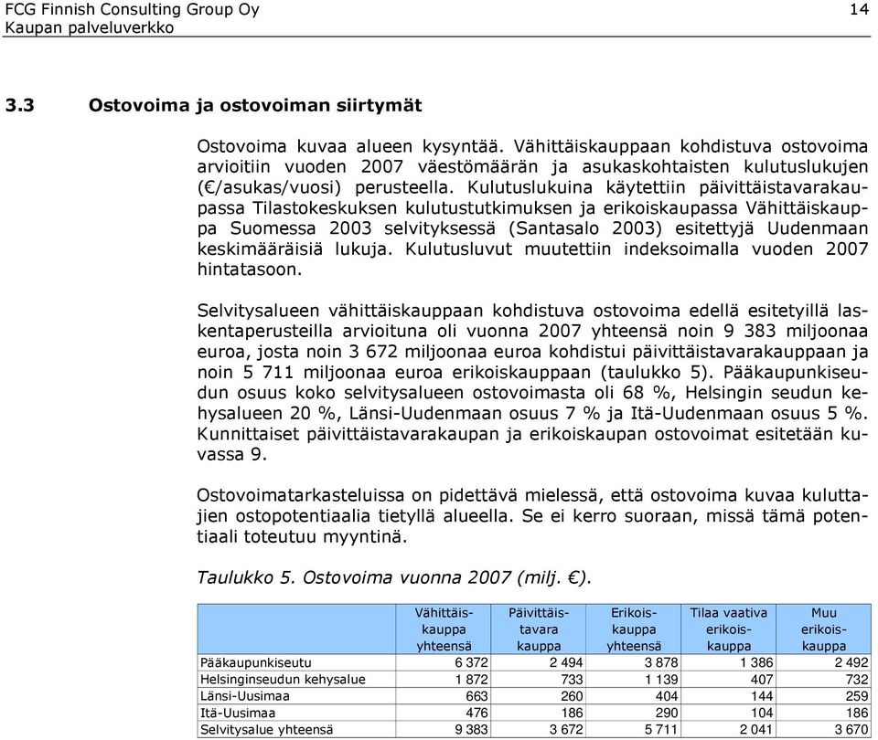 Kulutuslukuina käytettiin päivittäistavarakaupassa Tilastokeskuksen kulutustutkimuksen ja erikoiskaupassa Vähittäiskauppa Suomessa 2003 selvityksessä (Santasalo 2003) esitettyjä Uudenmaan