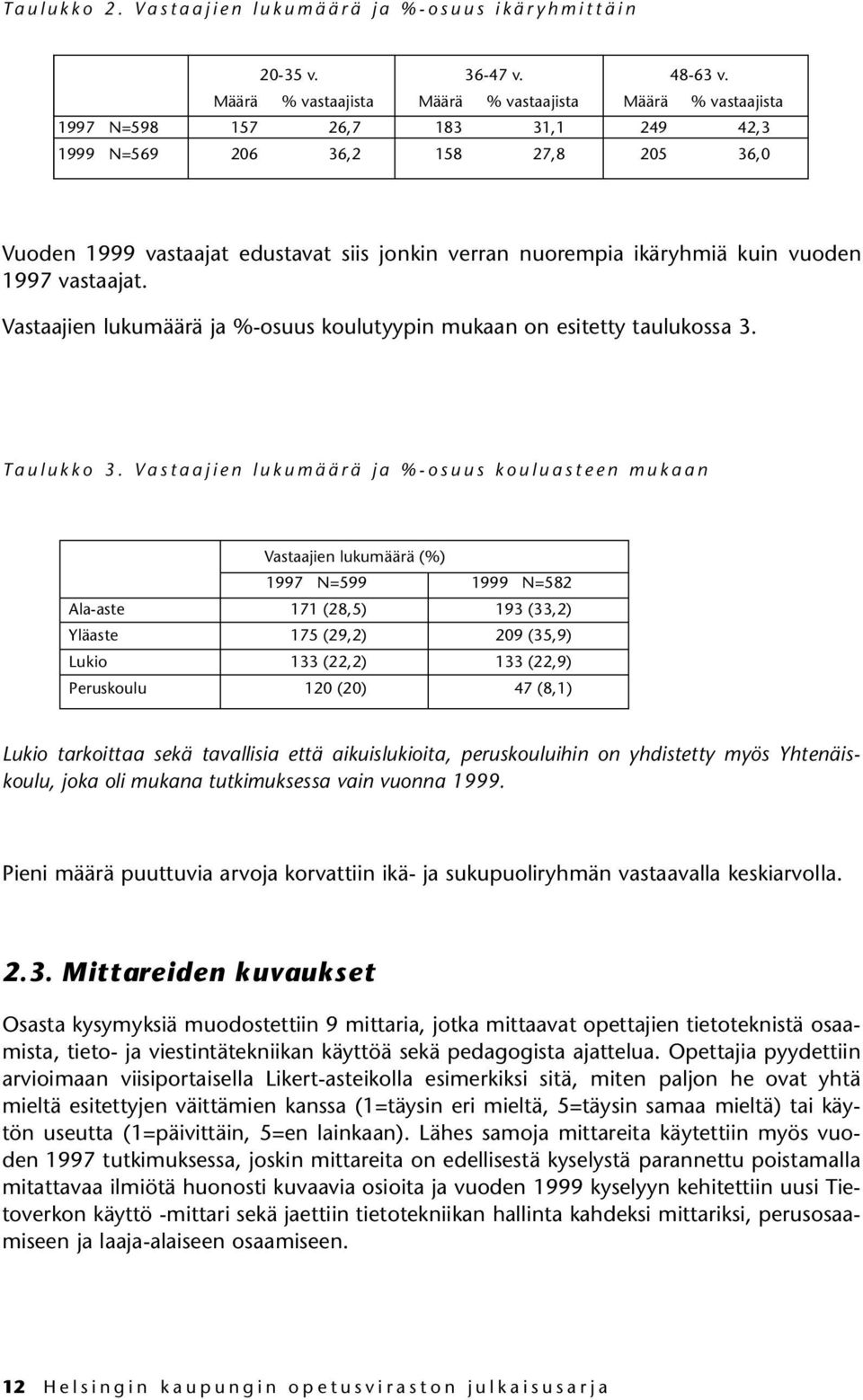 ikäryhmiä kuin vuoden 1997 vastaajat. Vastaajien lukumäärä ja %-osuus koulutyypin mukaan on esitetty taulukossa 3. Ta u l u k k o 3.