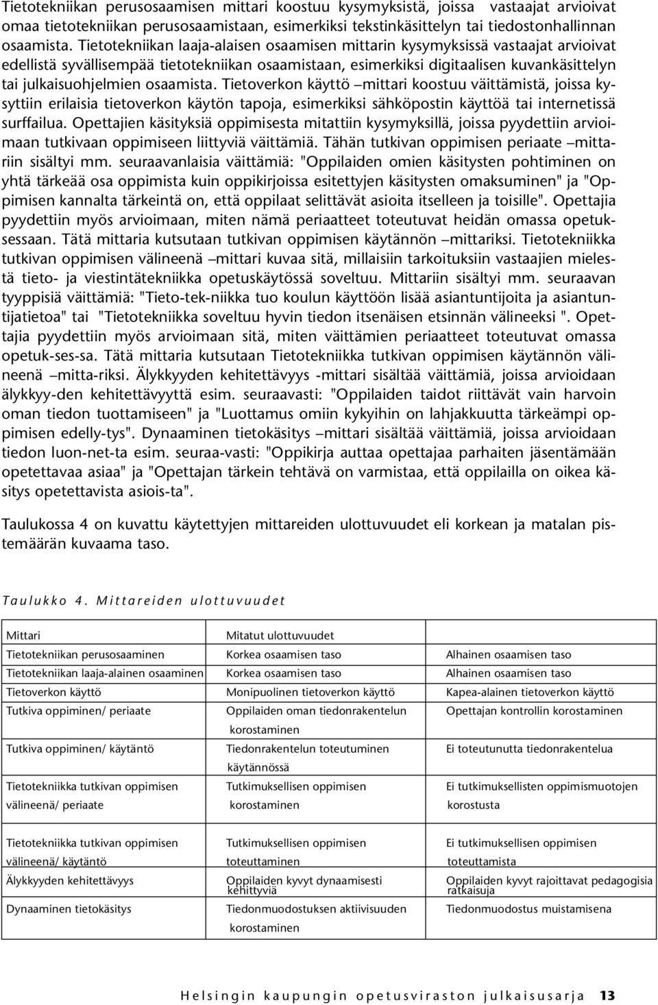 osaamista. Tietoverkon käyttö mittari koostuu väittämistä, joissa kysyttiin erilaisia tietoverkon käytön tapoja, esimerkiksi sähköpostin käyttöä tai internetissä surffailua.