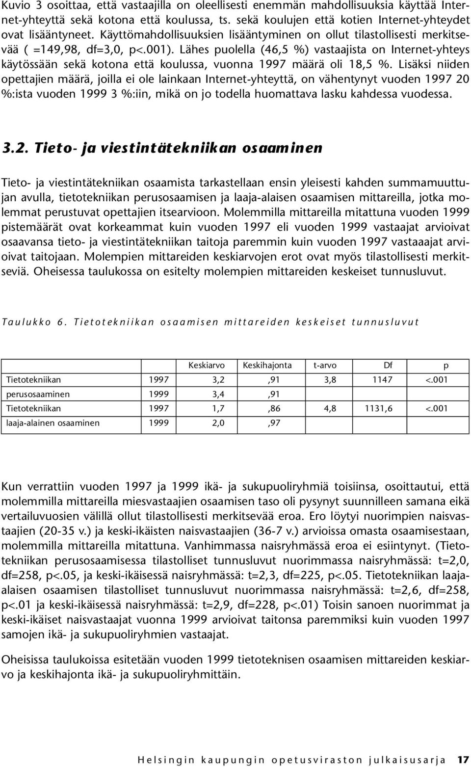 Lähes puolella (46,5 %) vastaajista on Internet-yhteys käytössään sekä kotona että koulussa, vuonna 1997 määrä oli 18,5 %.