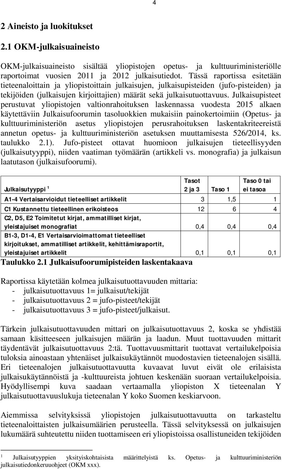 Julkaisupisteet perustuvat yliopistojen valtionrahoituksen laskennassa vuodesta 2015 alkaen käytettäviin Julkaisufoorumin tasoluokkien mukaisiin painokertoimiin (Opetus- ja kulttuuriministeriön