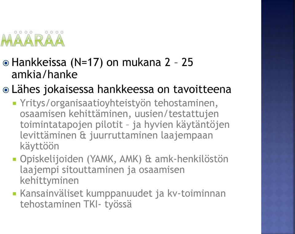 pilotit ja hyvien käytäntöjen levittäminen & juurruttaminen laajempaan käyttöön Opiskelijoiden (YAMK, AMK) &