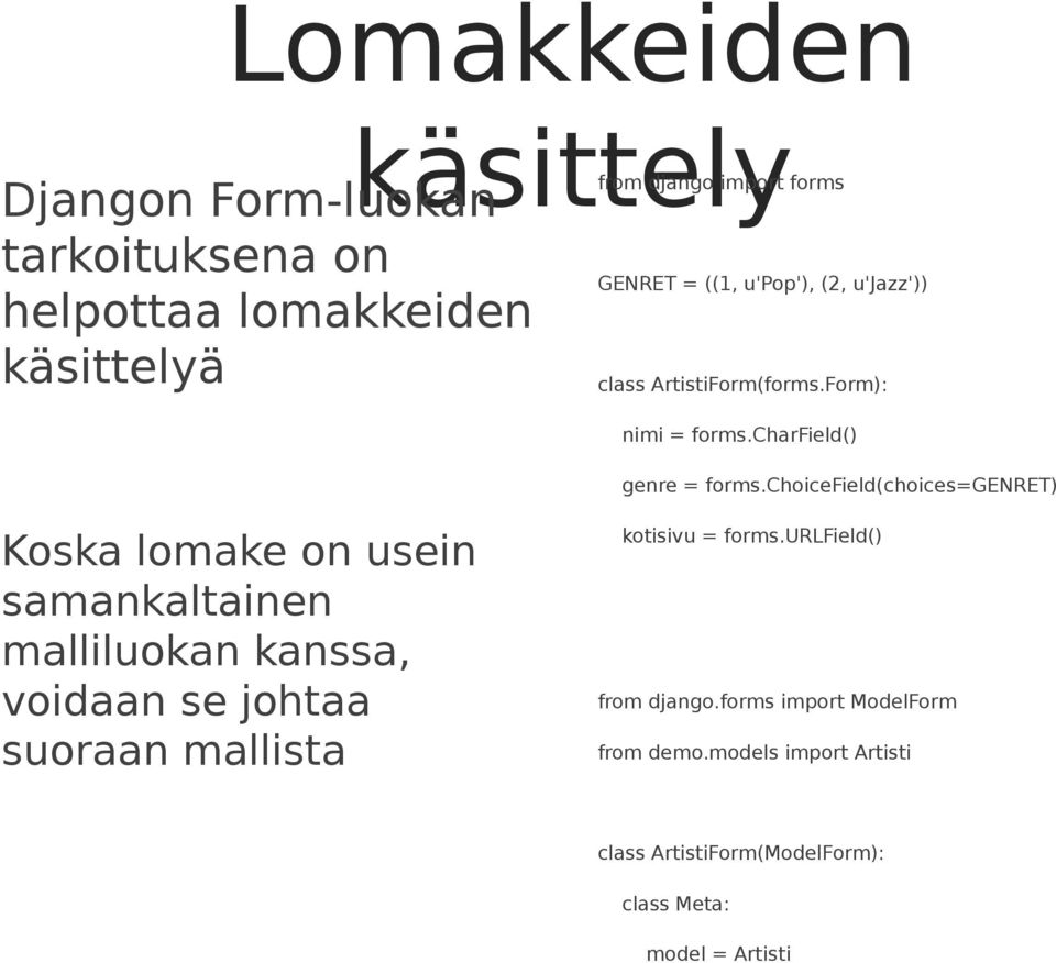 choicefield(choices=genret) Koska lomake on usein samankaltainen malliluokan kanssa, voidaan se johtaa suoraan mallista