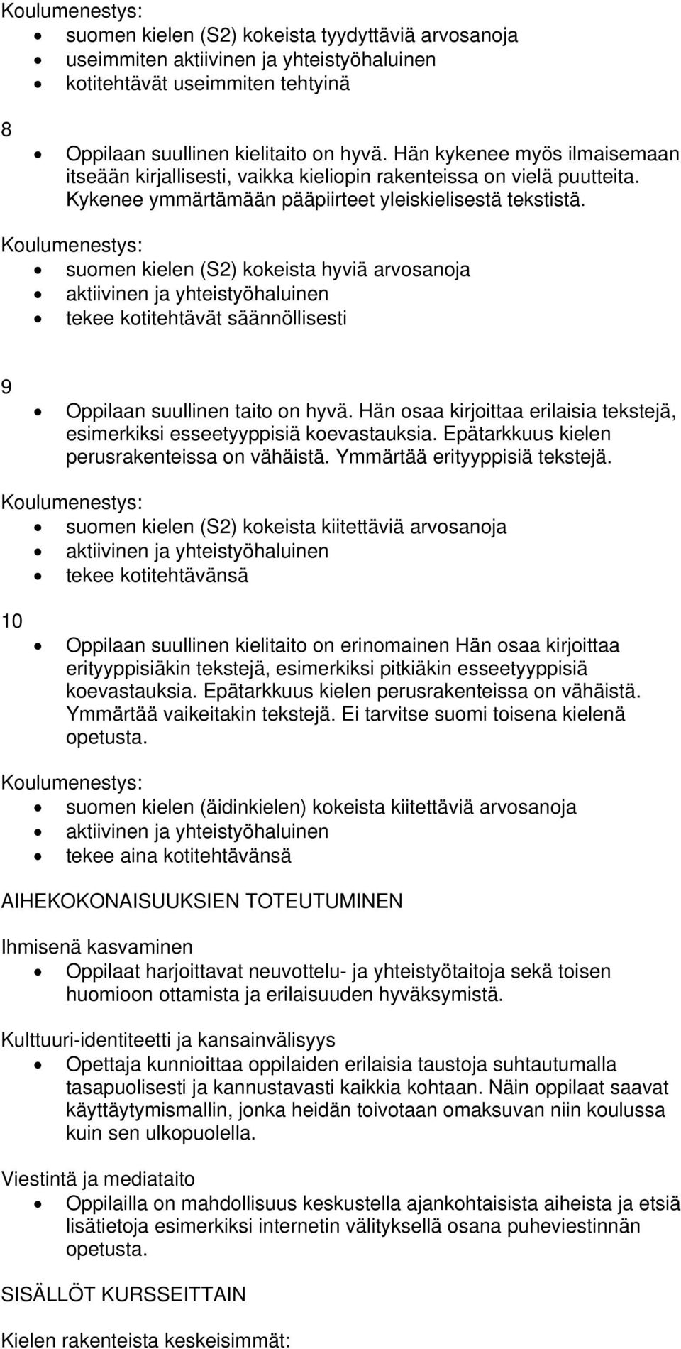 Koulumenestys: suomen kielen (S2) kokeista hyviä arvosanoja aktiivinen ja yhteistyöhaluinen tekee kotitehtävät säännöllisesti 9 Oppilaan suullinen taito on hyvä.