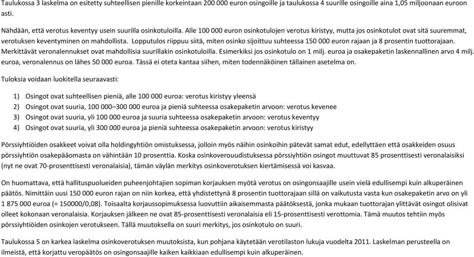 Lopputulos riippuu siitä, miten osinko sijoittuu suhteessa 150 000 euron rajaan ja 8 prosentin tuottorajaan. Merkittävät veronalennukset ovat mahdollisia suurillakin osinkotuloilla.