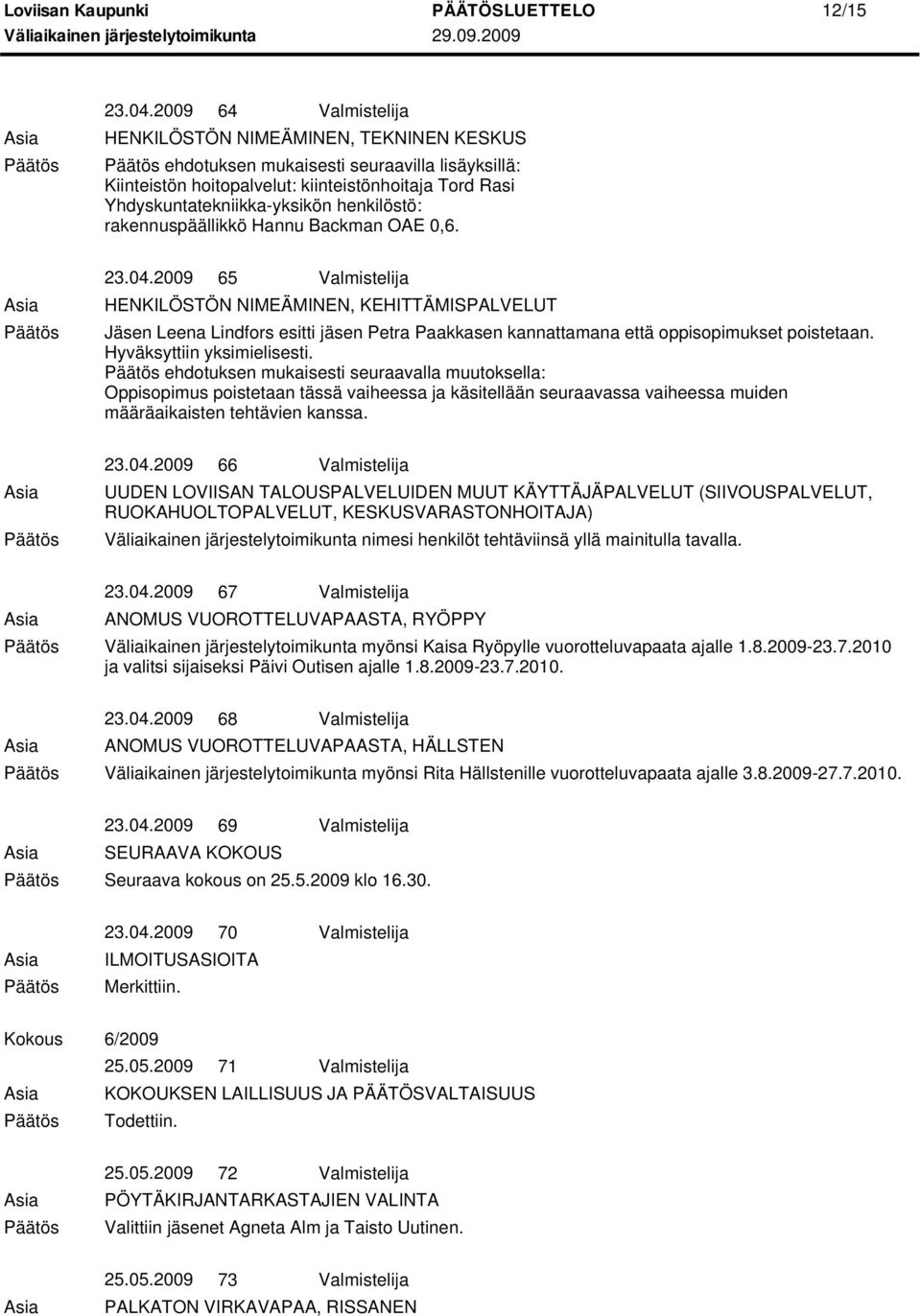 henkilöstö: rakennuspäällikkö Hannu Backman OAE 0,6. 23.04.