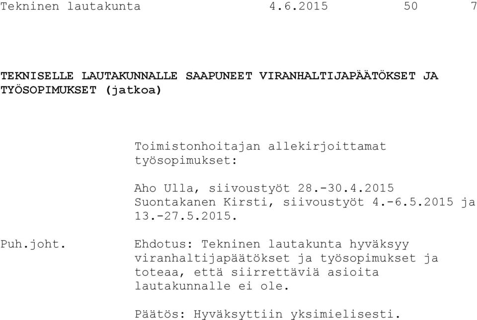 allekirjoittamat työsopimukset: Aho Ulla, siivoustyöt 28.-30.4.2015 Suontakanen Kirsti, siivoustyöt 4.-6.5.2015 ja 13.