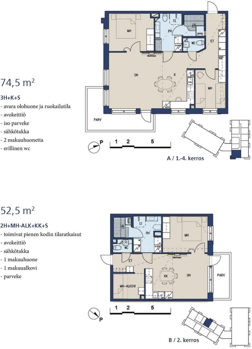 kerros 52,5 m 2 2H+MH-ALK+KK+S - toimivat pienen kodin tilaratkaisut -