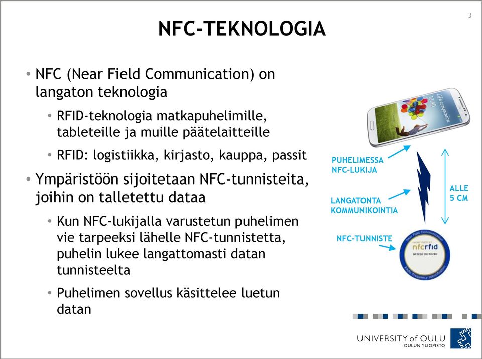 talletettu dataa Kun NFC-lukijalla varustetun puhelimen vie tarpeeksi lähelle NFC-tunnistetta, puhelin lukee langattomasti