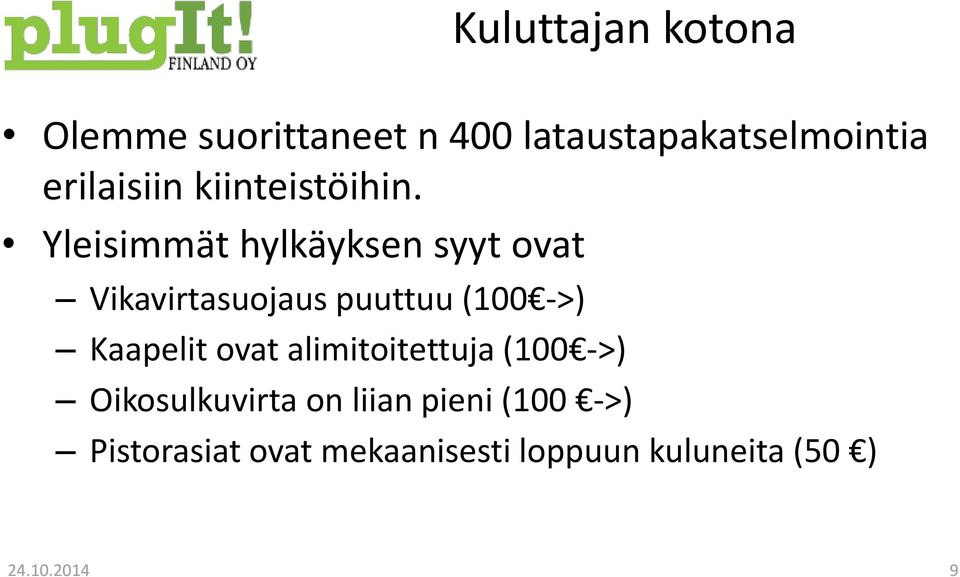 Yleisimmät hylkäyksen syyt ovat Vikavirtasuojaus puuttuu (100 ->) Kaapelit