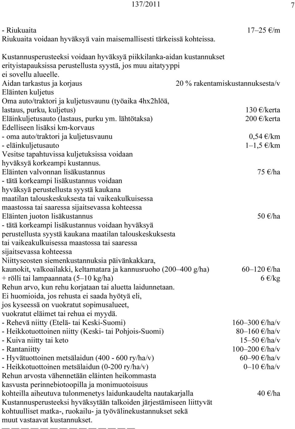 Aidan tarkastus ja korjaus 20 % rakentamiskustannuksesta/v Eläinten kuljetus Oma auto/traktori ja kuljetusvaunu (työaika 4hx2hlöä, lastaus, purku, kuljetus) 130 /kerta Eläinkuljetusauto (lastaus,