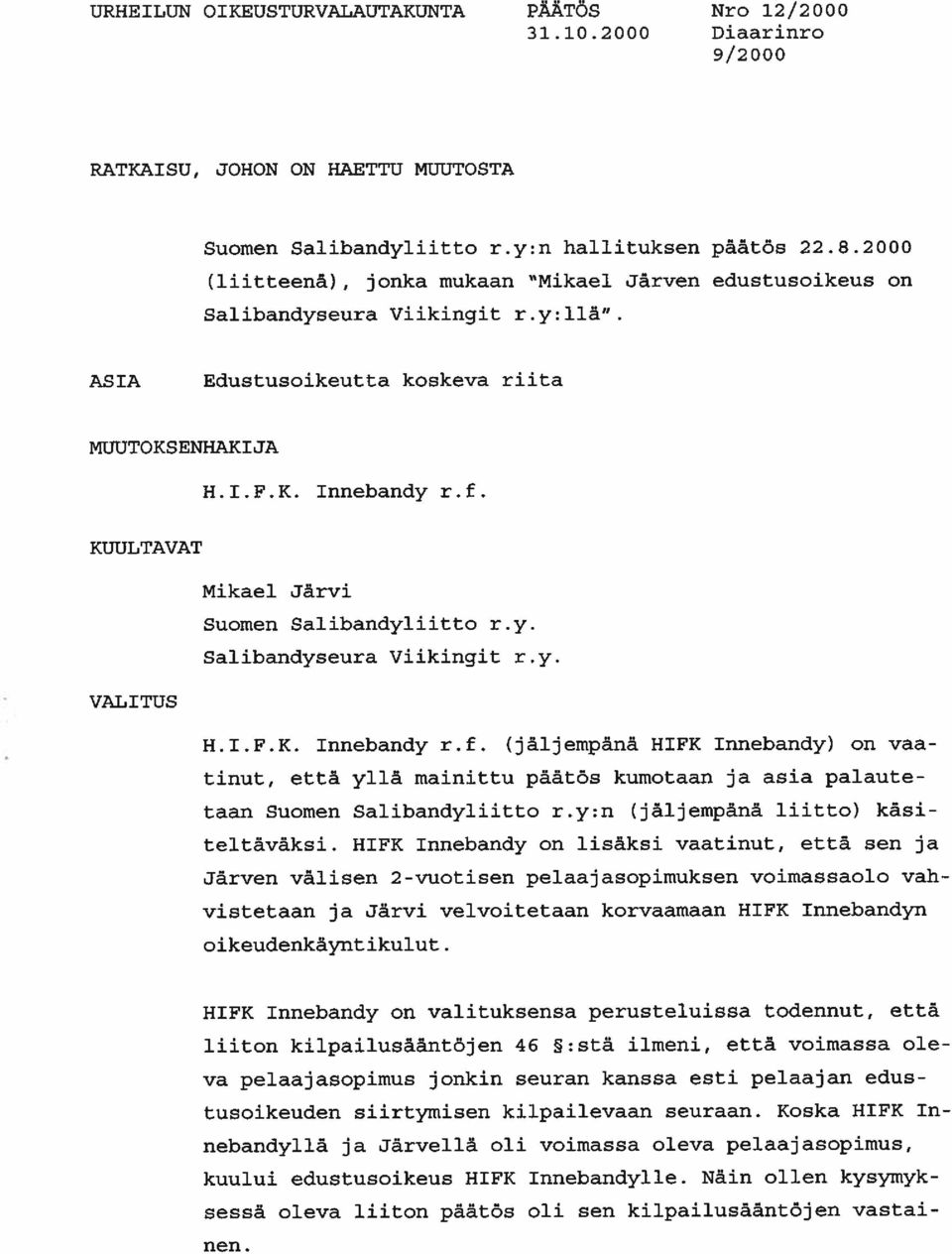 KUUL TAVAT Mikael Järvi Suomen Salibandyliitto r.y. Salibandyseura Viikingit r.y. VALITUS H.I.F.K. Innebandy r.f.