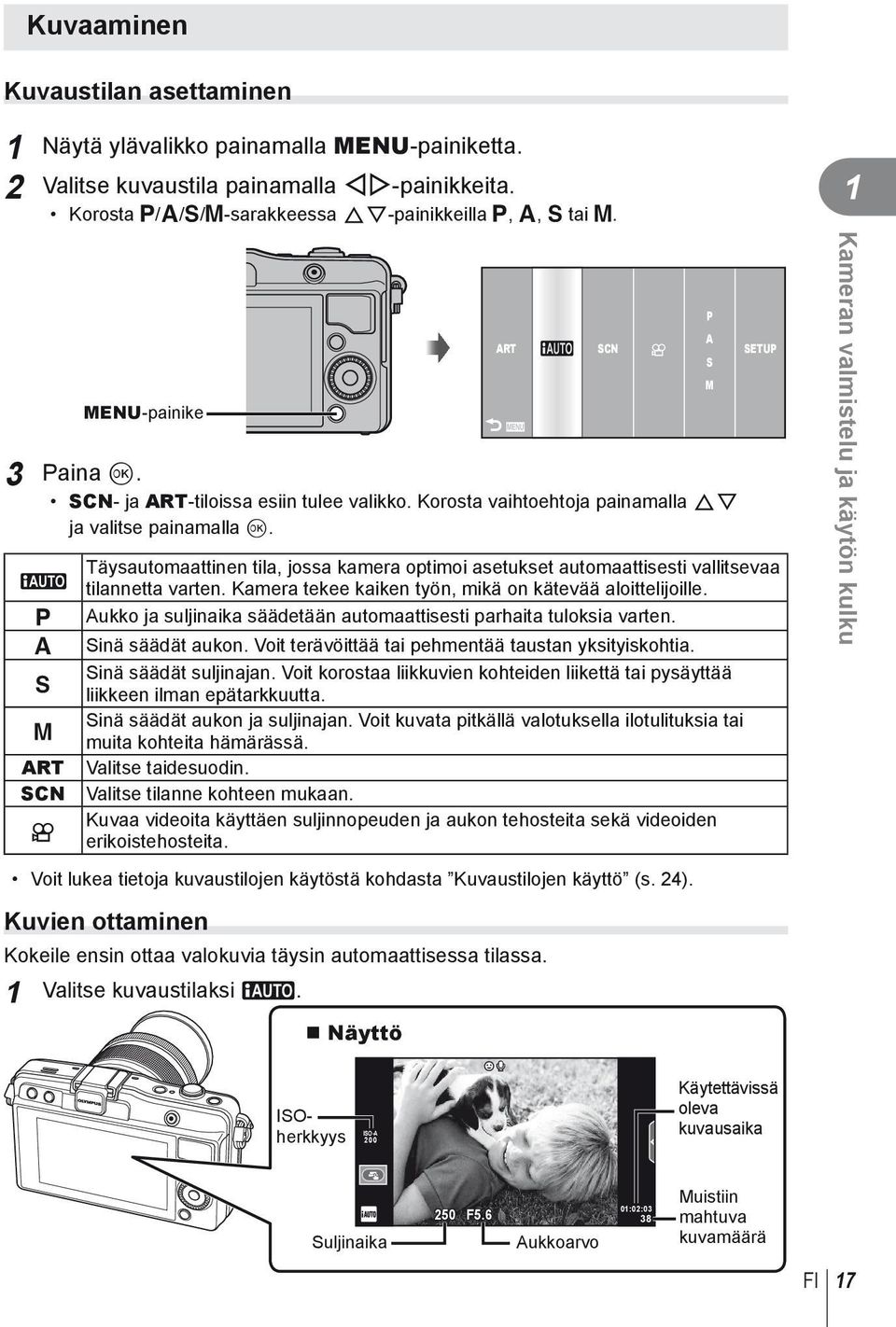 Täysautomaattinen tila, jossa kamera optimoi asetukset automaattisesti vallitsevaa A tilannetta varten. Kamera tekee kaiken työn, mikä on kätevää aloittelijoille.