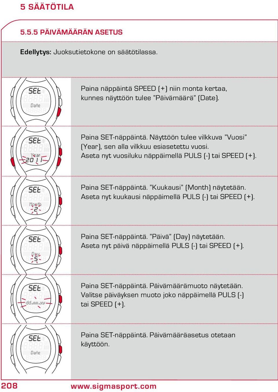 Kuukausi (Month) näytetään. Aseta nyt kuukausi näppäimellä PULS (-) tai SPEED (+). Paina SET-näppäintä. Päivä (Day) näytetään.