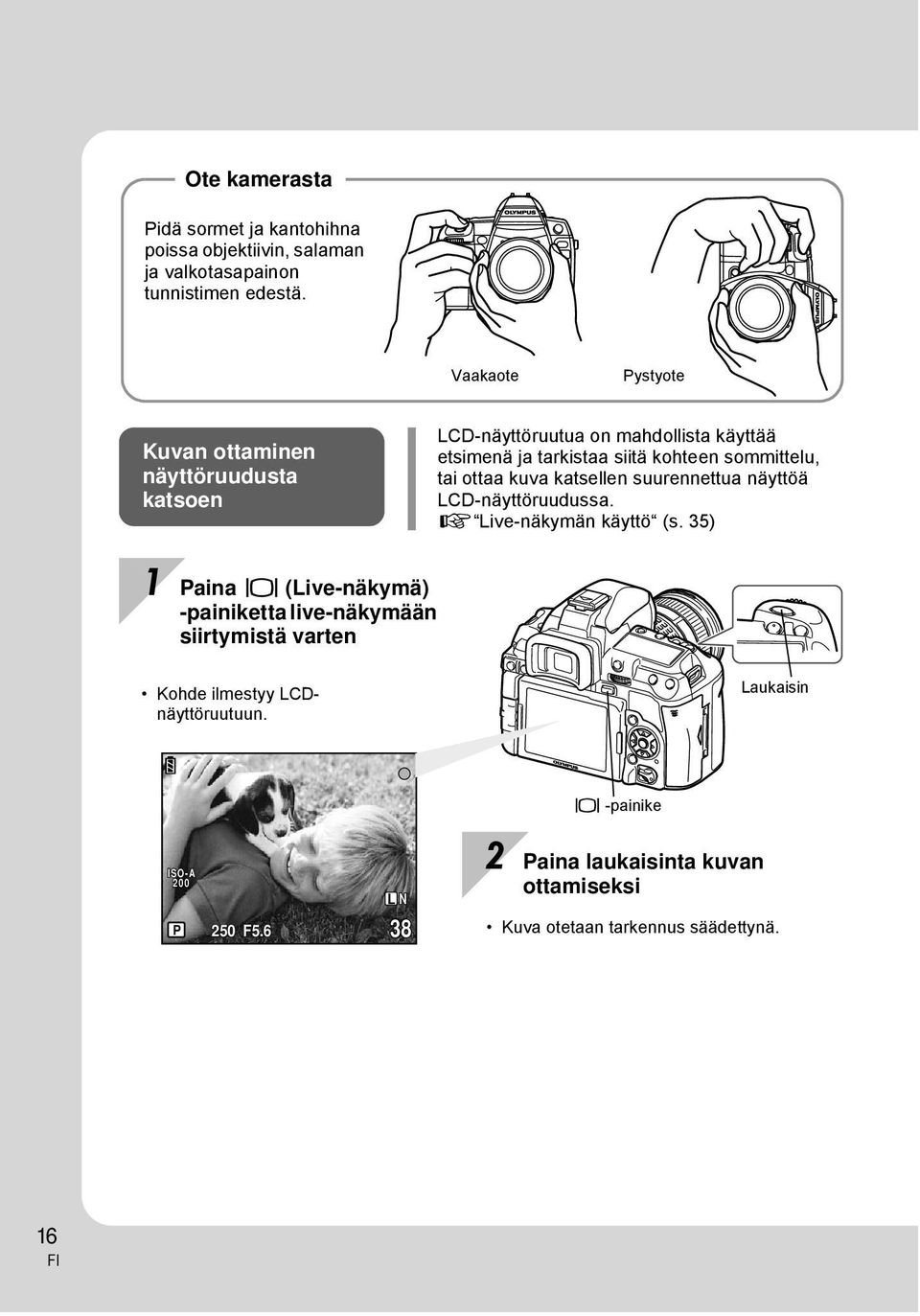 sommittelu, tai ottaa kuva katsellen suurennettua näyttöä LCD-näyttöruudussa. g Live-näkymän käyttö (s.