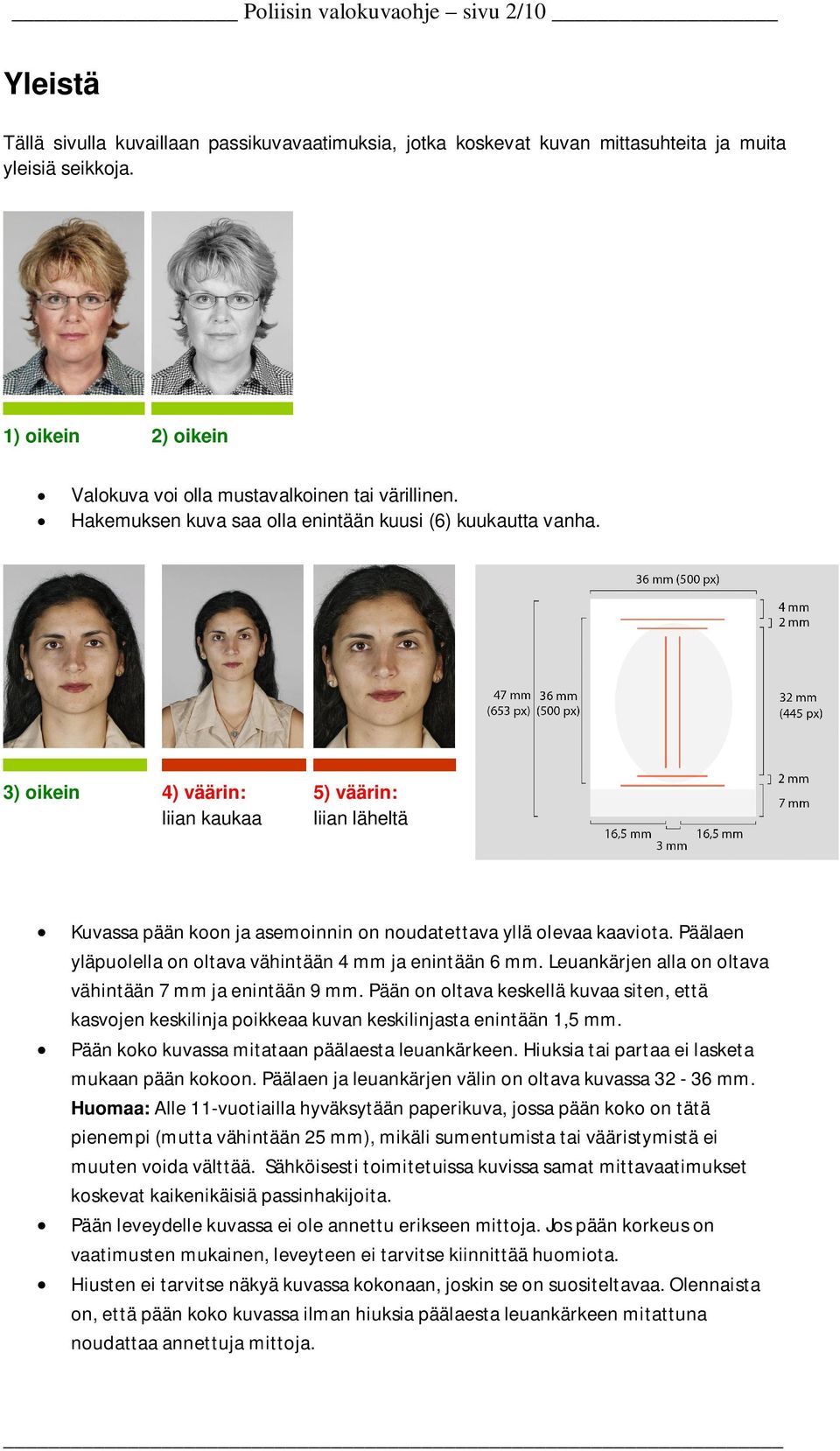 3) oikein 4) väärin: liian kaukaa 5) väärin: liian läheltä Kuvassa pään koon ja asemoinnin on noudatettava yllä olevaa kaaviota. Päälaen yläpuolella on oltava vähintään 4 mm ja enintään 6 mm.