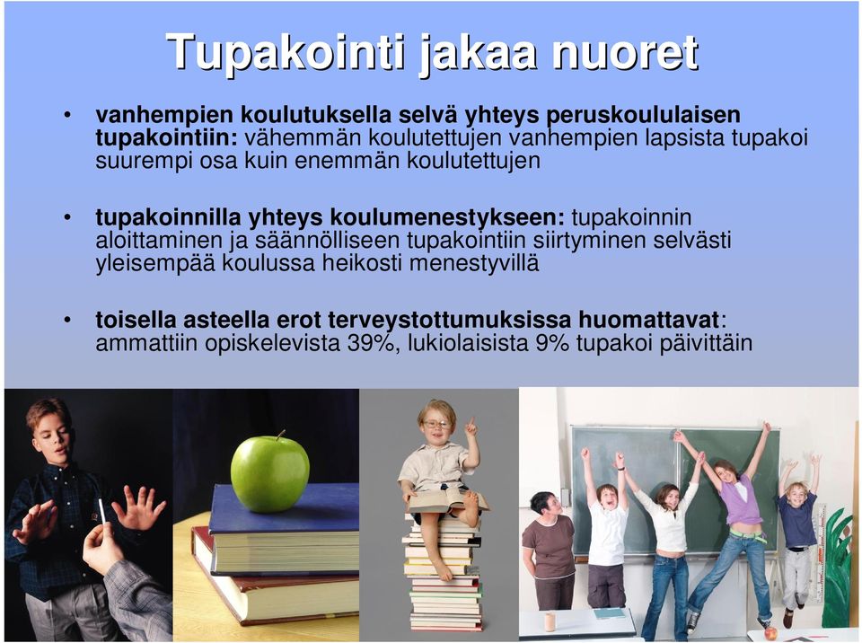tupakoinnin aloittaminen ja säännölliseen tupakointiin siirtyminen selvästi yleisempää koulussa heikosti