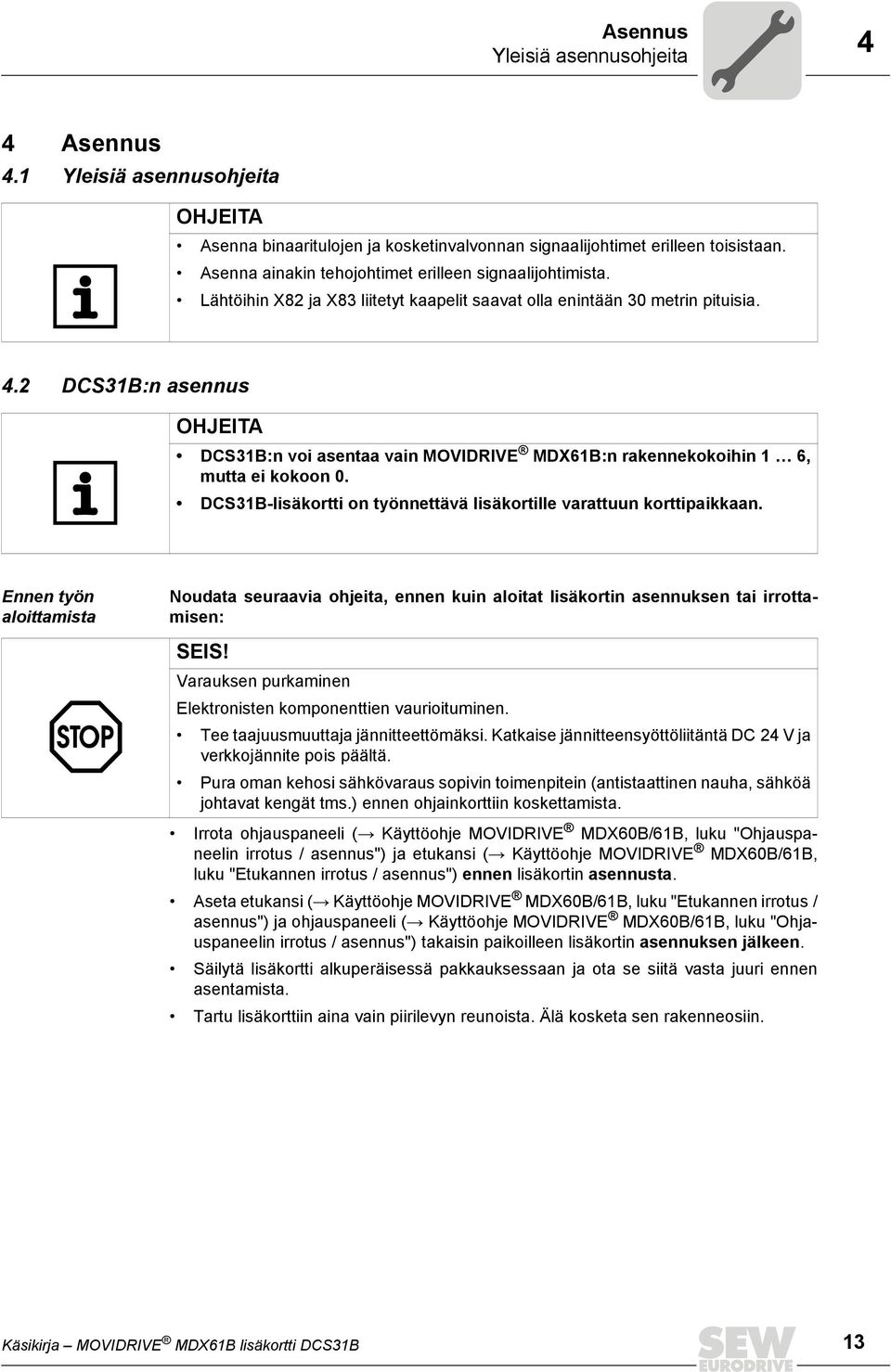 2 DCS31B:n asennus OHJEITA DCS31B:n voi asentaa vain MOVIDRIVE MDX61B:n rakennekokoihin 1 6, mutta ei kokoon 0. DCS31B-lisäkortti on työnnettävä lisäkortille varattuun korttipaikkaan.