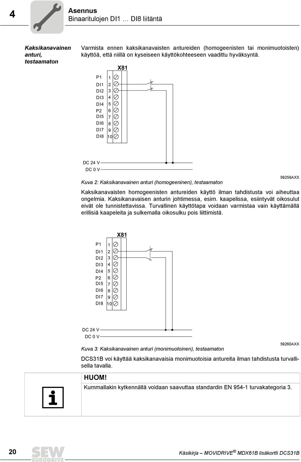 P1 DI1 DI2 DI3 DI4 P2 DI5 DI6 DI7 DI8 1 2 3 4 5 6 7 8 9 10 X81 DC 24 V DC 0 V Kuva 2: Kaksikanavainen anturi (homogeeninen), testaamaton 59259AXX Kaksikanavaisten homogeenisten antureiden käyttö