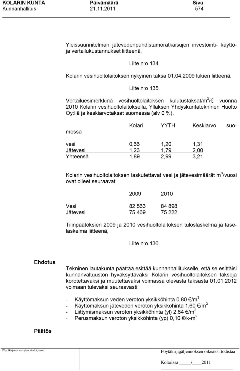 Vertailuesimerkkinä vesihuoltolaitoksen kulutustaksat/m 3 / vuonna 2010 Kolarin vesihuoltolaitoksella, Ylläksen Yhdyskuntatekninen Huolto Oy:llä ja keskiarvotaksat suomessa (alv 0 %).