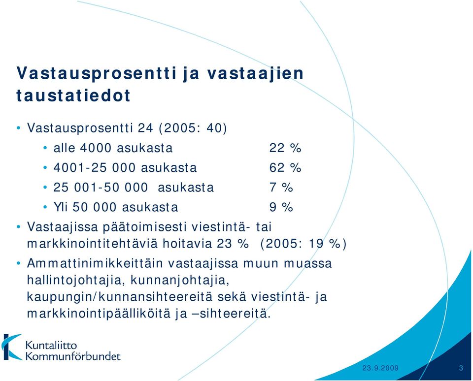 markkinointitehtäviä hoitavia 23 % (2005: 19 %) Ammattinimikkeittäin vastaajissa muun muassa hallintojohtajia,