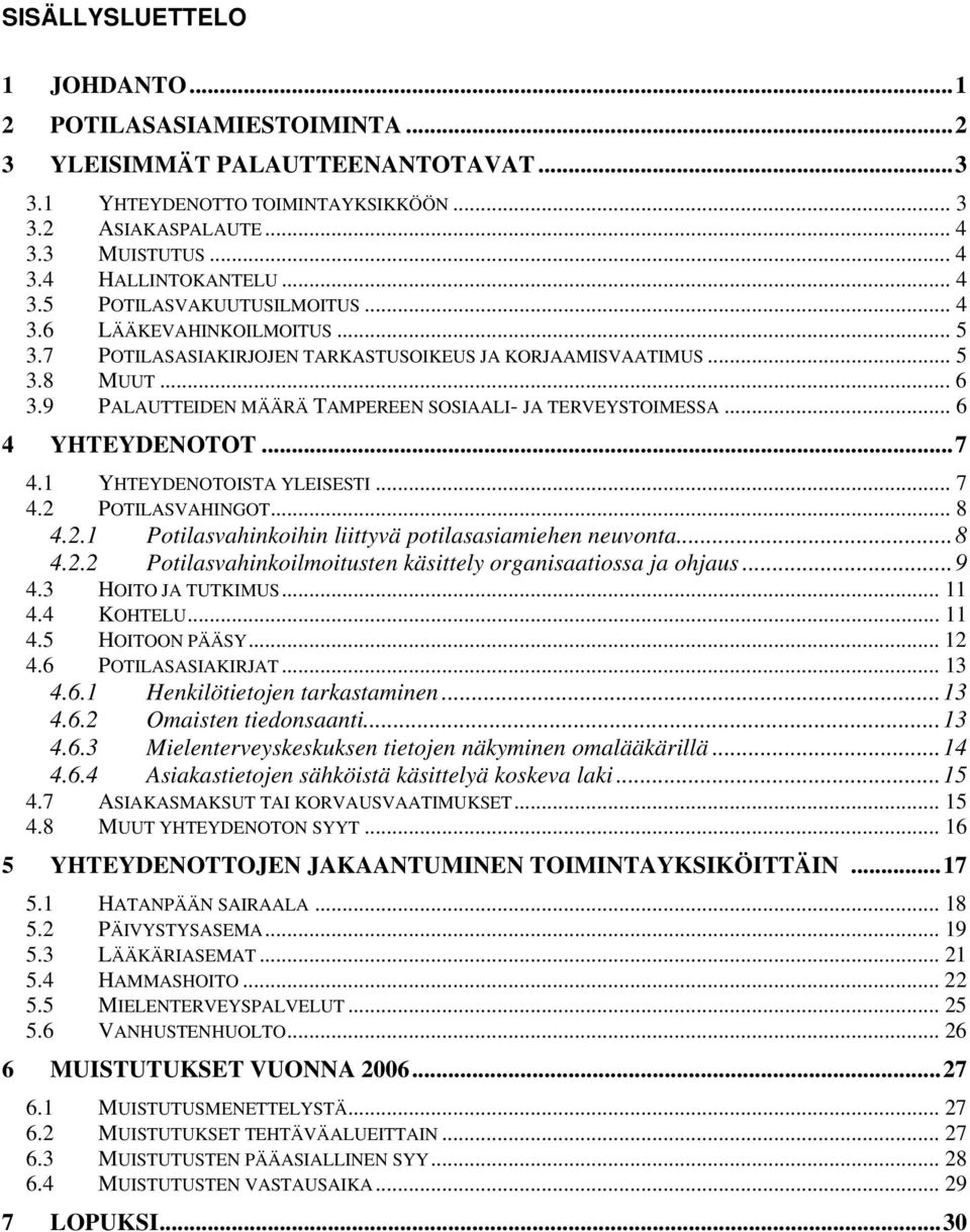 9 PALAUTTEIDEN MÄÄRÄ TAMPEREEN SOSIAALI- JA TERVEYSTOIMESSA... 6 4 YHTEYDENOTOT...7 4.1 YHTEYDENOTOISTA YLEISESTI... 7 4.2 POTILASVAHINGOT... 8 4.2.1 Potilasvahinkoihin liittyvä potilasasiamiehen neuvonta.