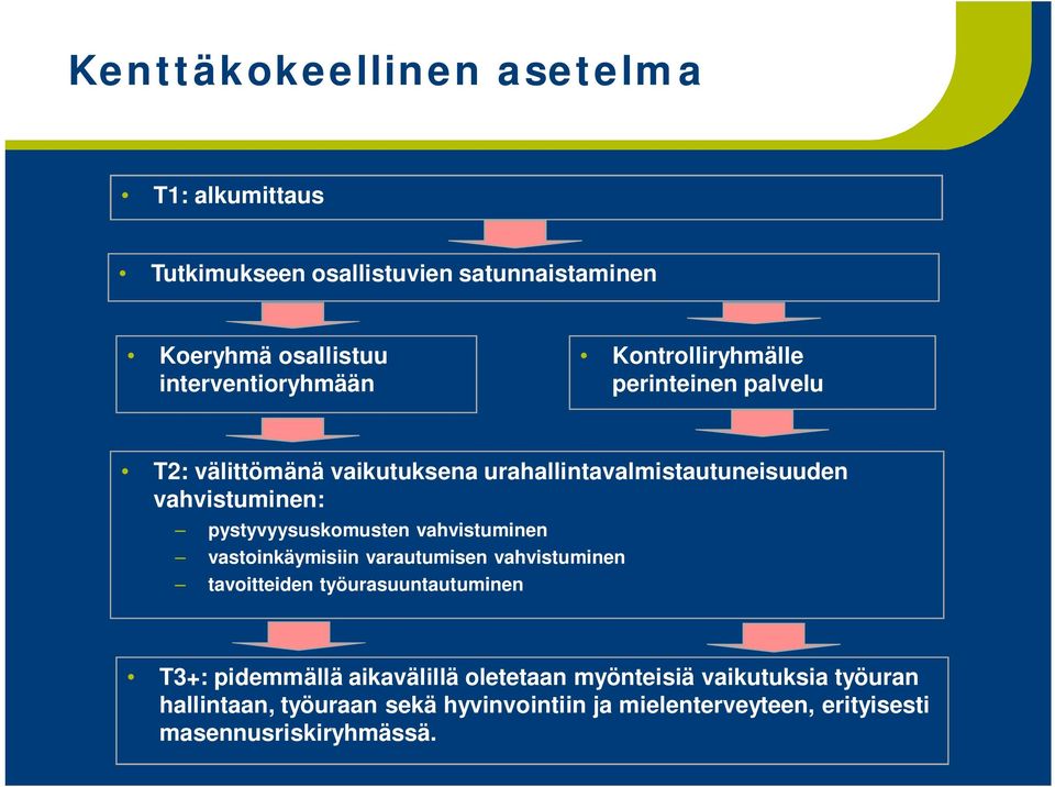 pystyvyysuskomusten vahvistuminen vastoinkäymisiin varautumisen vahvistuminen tavoitteiden työurasuuntautuminen T3+: pidemmällä