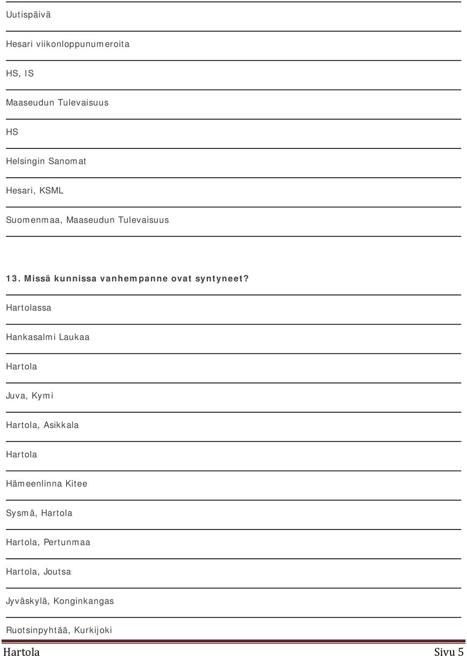Missä kunnissa vanhempanne ovat syntyneet?