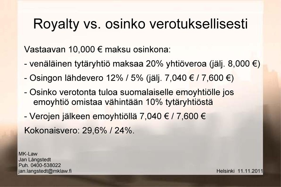 20% yhtiöveroa (jälj. 8,000 ) - Osingon lähdevero 12% / 5% (jälj.