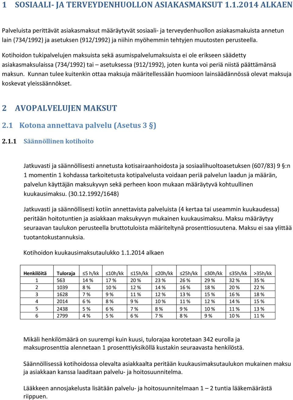 Kotihoidon tukipalvelujen maksuista sekä asumispalvelumaksuista ei ole erikseen säädetty asiakasmaksulaissa (734/1992) tai asetuksessa (912/1992), joten kunta voi periä niistä päättämänsä maksun.