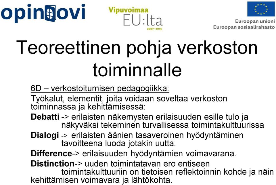 Dialogi -> erilaisten äänien tasaveroinen hyödyntäminen tavoitteena luoda jotakin uutta. Difference-> erilaisuuden hyödyntämien voimavarana.