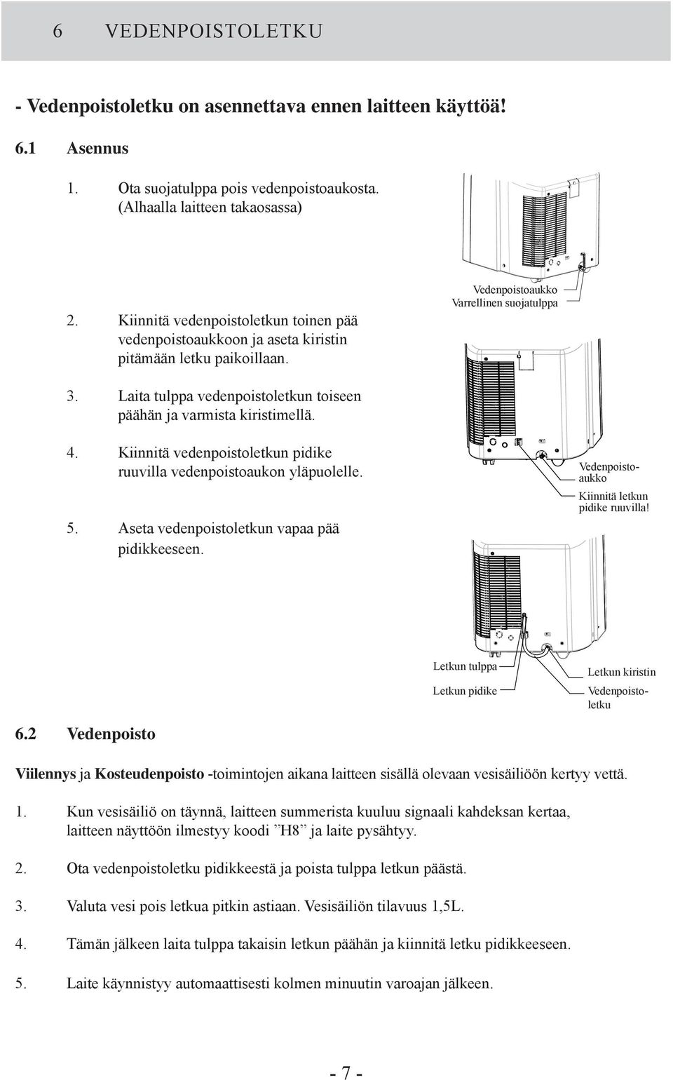 Laita tulppa vedenpoistoletkun toiseen päähän ja varmista kiristimellä. 4. Kiinnitä vedenpoistoletkun pidike ruuvilla vedenpoistoaukon yläpuolelle. 5. Aseta vedenpoistoletkun vapaa pää pidikkeeseen.