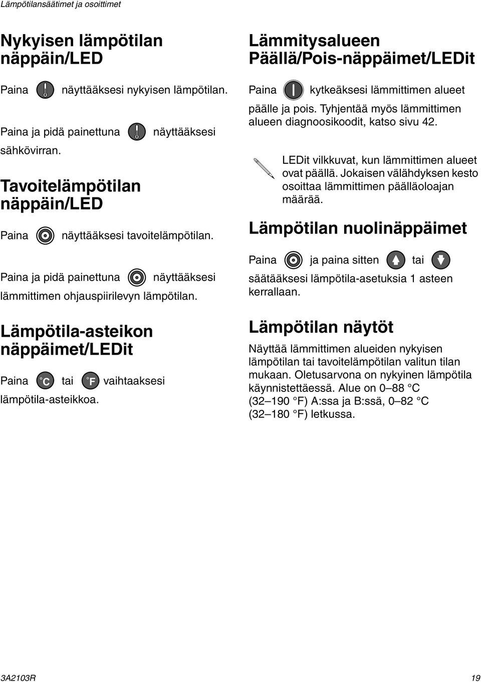 Lämpötila-asteikon näppäimet/ledit Paina C tai F vaihtaaksesi lämpötila-asteikkoa. Lämmitysalueen Päällä/Pois-näppäimet/LEDit Paina kytkeäksesi lämmittimen alueet päälle ja pois.
