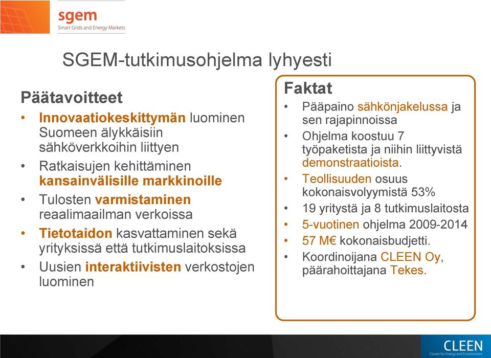 interaktiivisten verkostojen luominen Faktat Pääpaino sähkönjakelussa ja sen rajapinnoissa Ohjelma koostuu 7 työpaketista ja niihin liittyvistä