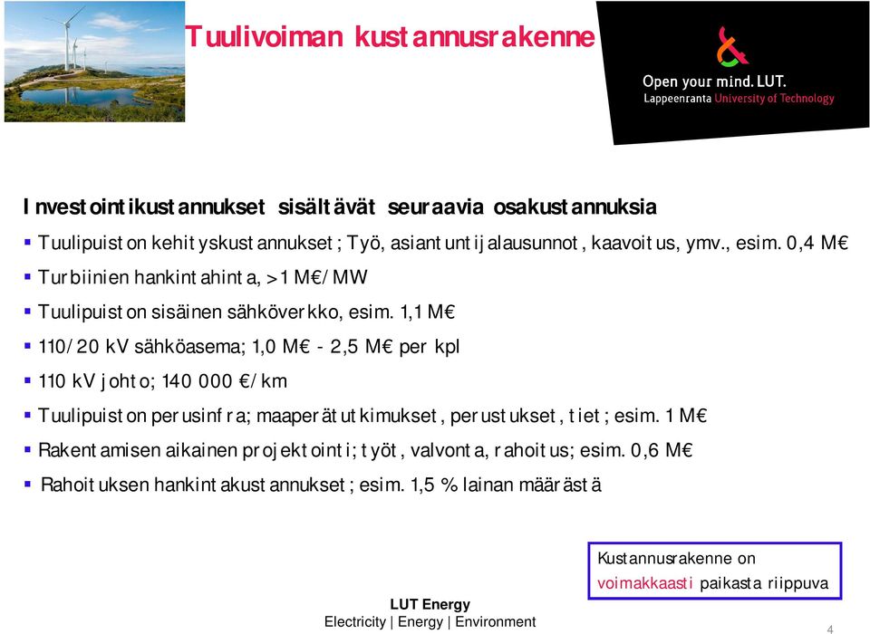 1,1 M 110/20 kv sähköasema; 1,0 M - 2,5 M per kpl 110 kv johto; 140 000 /km Tuulipuiston perusinfra; maaperätutkimukset, perustukset, tiet; esim.