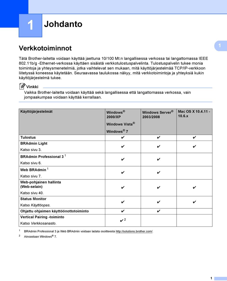 Tulostuspalvelin tukee monia toimintoja ja yhteysmenetelmiä, jotka vaihtelevat sen mukaan, mitä käyttöjärjestelmää TCP/IP-verkkoon liitetyssä koneessa käytetään.