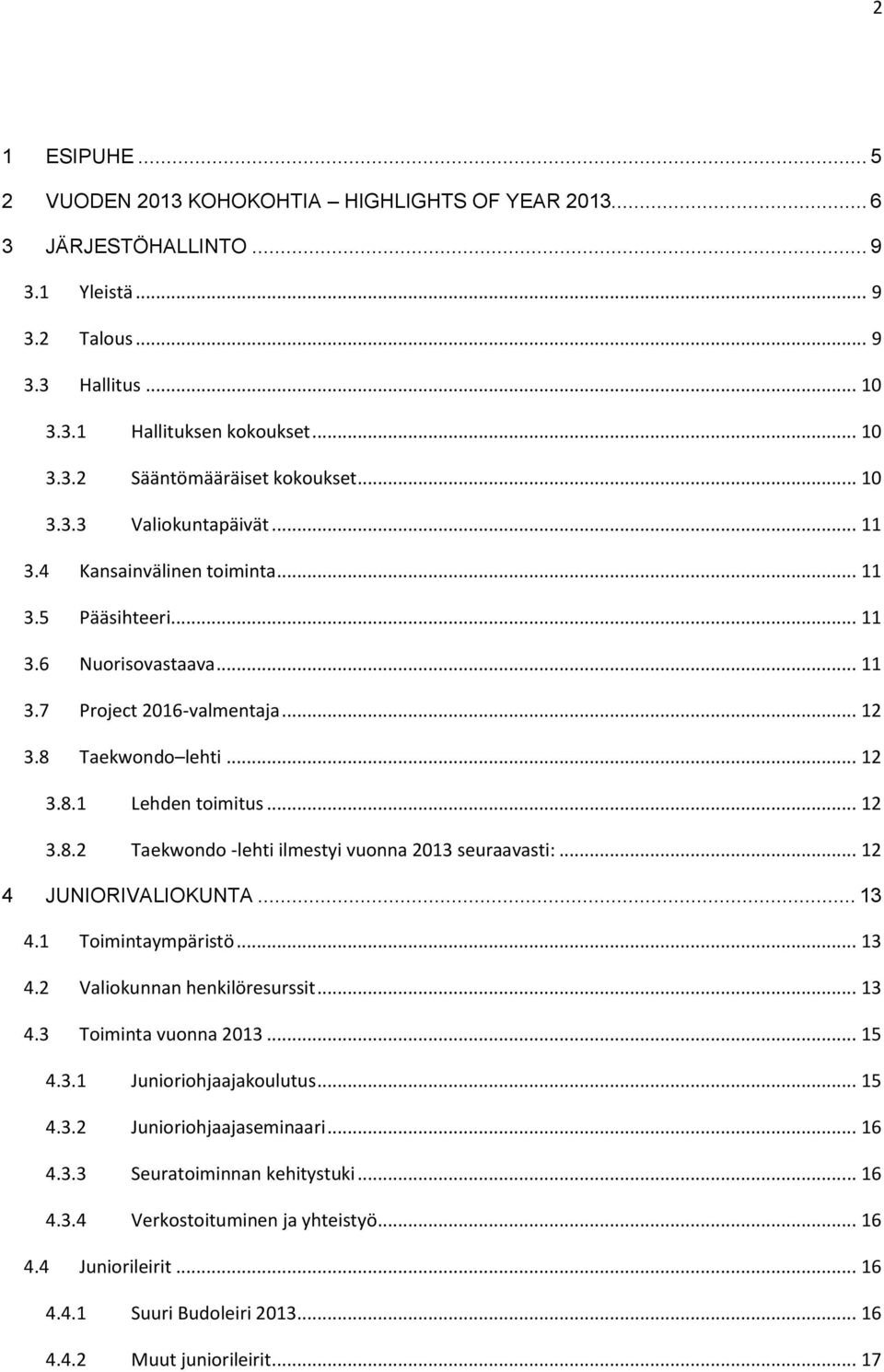 .. 12 3.8.2 Taekwondo -lehti ilmestyi vuonna 2013 seuraavasti:... 12 4 JUNIORIVALIOKUNTA... 13 4.1 Toimintaympäristö... 13 4.2 Valiokunnan henkilöresurssit... 13 4.3 Toiminta vuonna 2013... 15 4.3.1 Junioriohjaajakoulutus.
